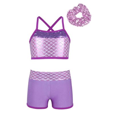 Jizyo Girls Activewear Set Shiny Dance Sports Bra Top Gymnastics Shorts with Hairband Athletic Workout Tracksuit Swimwear Lavender 10 Years