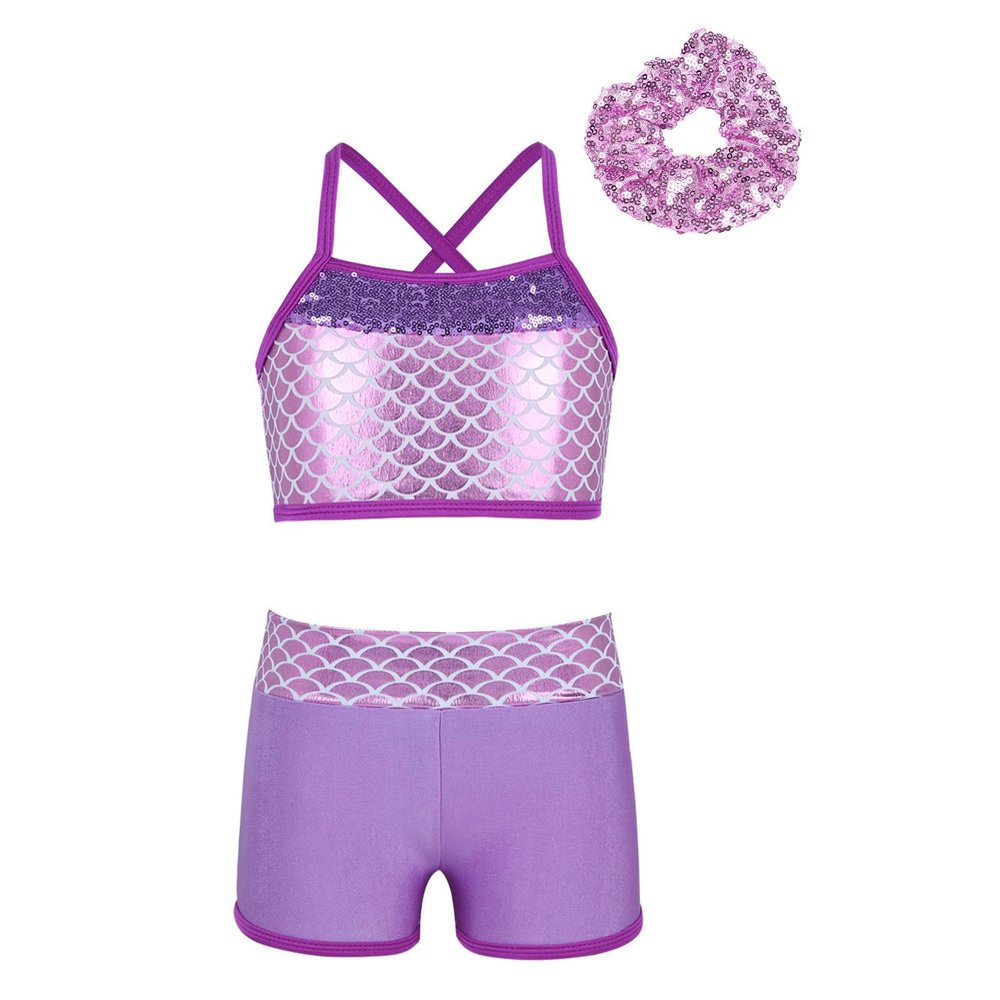 Jizyo Girls Activewear Set Shiny Dance Sports Bra Top Gymnastics Shorts with Hairband Athletic Workout Tracksuit Swimwear Lavender 10 Years