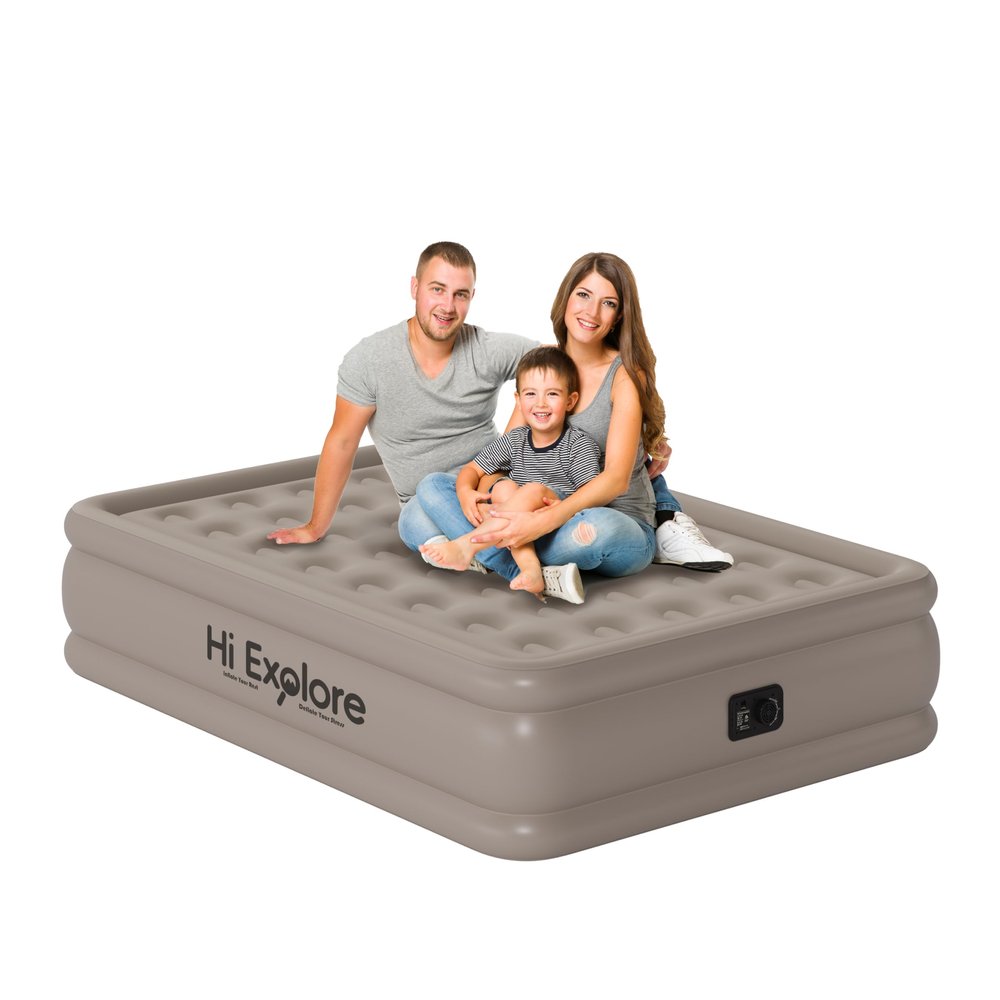 Hi Explore Air Mattress Full with Built in Pump Raised, with Comfortable Plush, Inflatable Blow Up Mattress, Portable Airbed for Home, Guests, Camping(Khaki, 18 Height)