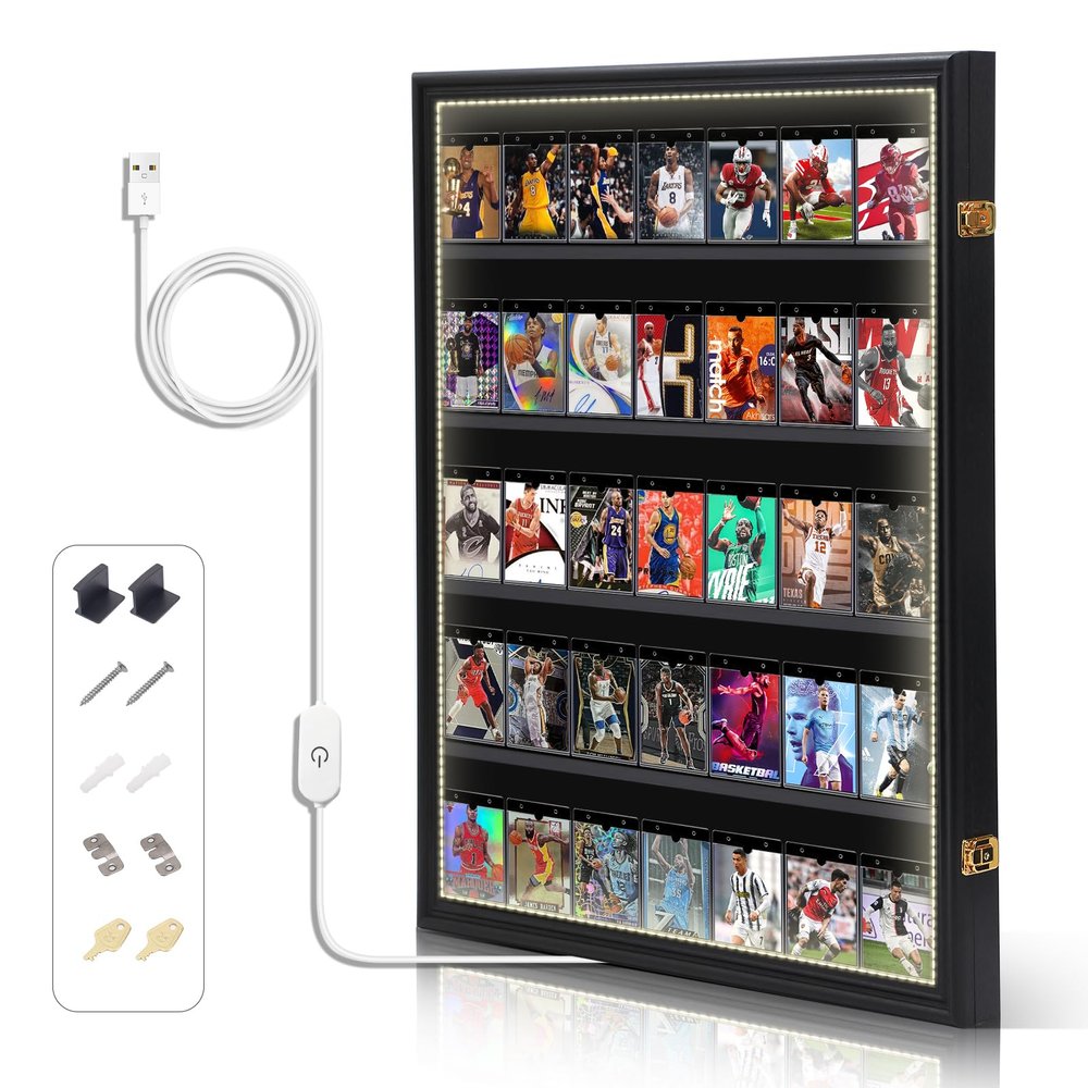 Nice C Baseball Card Display Case, Sports Card Holder, with LED Light Graded Sports Card Display Case, Trading Card Display Case, 98% UV Protection, 35 Cards, Lockable (LED Vertical 1 Pack)