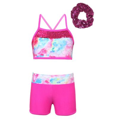 Jizyo Girls Activewear Set Shiny Dance Sports Bra Top Gymnastics Shorts with Hairband Athletic Workout Tracksuit Swimwear Hot Pink 12 Years