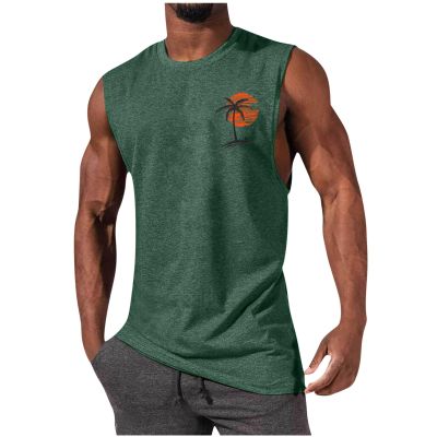 NineFit Basics Men's Workout Tank Tops Gym Cut Off Sleeveless T Shirt Bodybuilding Fitness Muscle Athletic Tank Top Palm Tree Shirts Tee, Large, 01-army Green