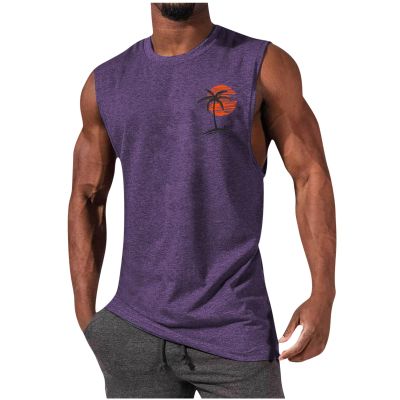 Generic Men's Workout Tank Tops Gym Cut Off Sleeveless T Shirt Bodybuilding Fitness Muscle Athletic Tank Top Palm Tree Shirts Tee, Large, 01-purple