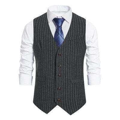 Maiyifu-GJ Men's Casual Pinstripe Dress Vests Formal Business Waistcoat Slim Fit Wedding Suit Vest for Suit or Tuxedo (Dark Grey,Medium)