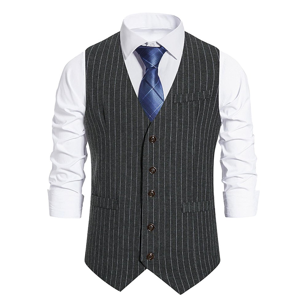Maiyifu-GJ Men's Casual Pinstripe Dress Vests Formal Business Waistcoat Slim Fit Wedding Suit Vest for Suit or Tuxedo (Dark Grey,Medium)