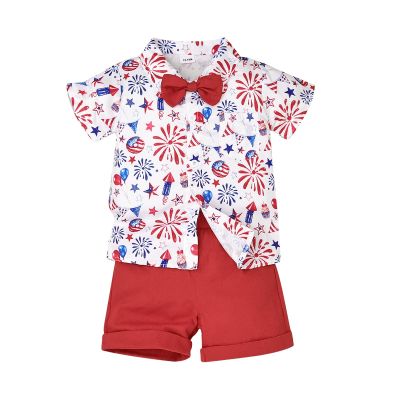 4th Of July Baby Boy Outfit Toddler Summer Cute Short Sleeve Gentleman Button Down Shirt Tops Shorts Fourth Of July Clothes 2pc Red set 2-3 Years Old