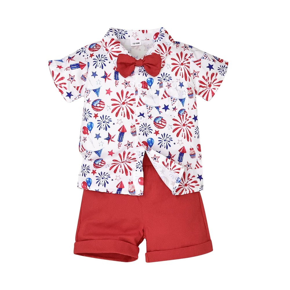 4th Of July Baby Boy Outfit Toddler Summer Cute Short Sleeve Gentleman Button Down Shirt Tops Shorts Fourth Of July Clothes 2pc Red set 2-3 Years Old