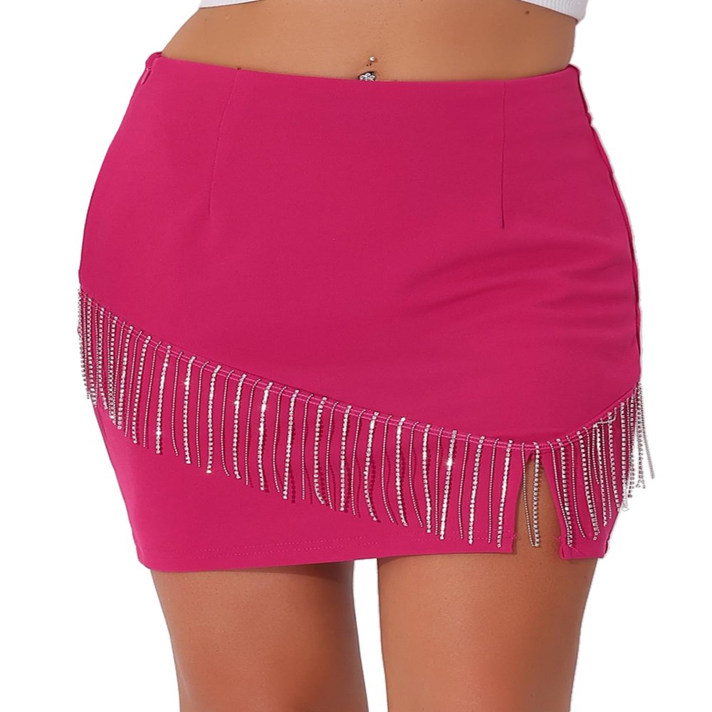 Allegra K Sparkly Fringe Skirt for Women's High Waist Split Mini Pencil Skirts Small Hot Pink