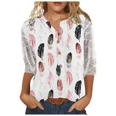 NineFit Basics Womens 3/4 Length Sleeve Tops 2024,Floral Button Down Shirts for Women Crew Neck T Shirts Loose Casual Blouses Ladies Lace Hollow Three-Quarter Sleeve Shirt Blouses, X-Large, 05-pink