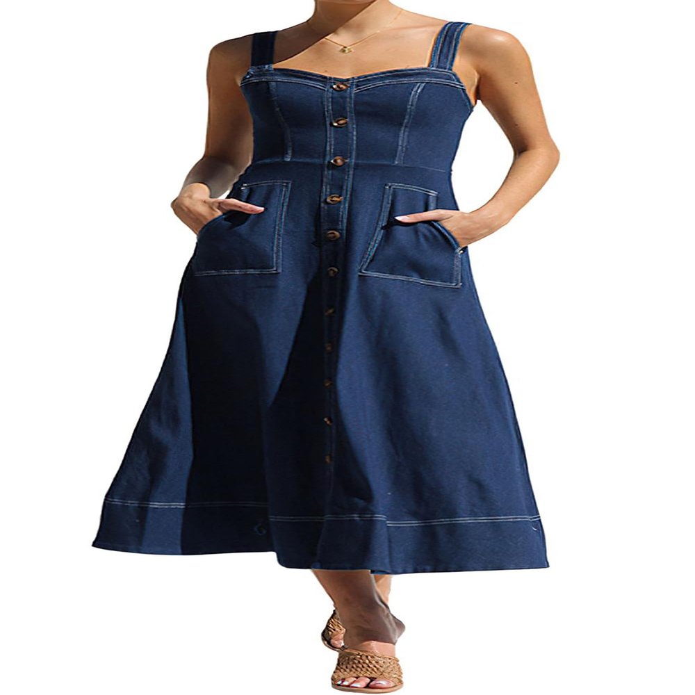 chouyatou Women's Adjustable Strap Midi Long Denim Dress 2025 Button Down A-Line Swing Flowy Jean Dress (Small, Dark Blue)