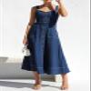 chouyatou Women's Adjustable Strap Midi Long Denim Dress 2025 Button Down A-Line Swing Flowy Jean Dress (Small, Dark Blue) view 4