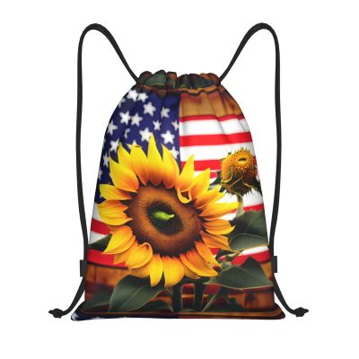 Bedeuu Sunflower And American Flag Print Drawstring Bags Backpack Bag Sport Gym Sack Drawstring Bag Shopping String Bag, Medium