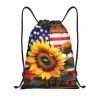 Bedeuu Sunflower And American Flag Print Drawstring Bags Backpack Bag Sport Gym Sack Drawstring Bag Shopping String Bag, Medium view 1