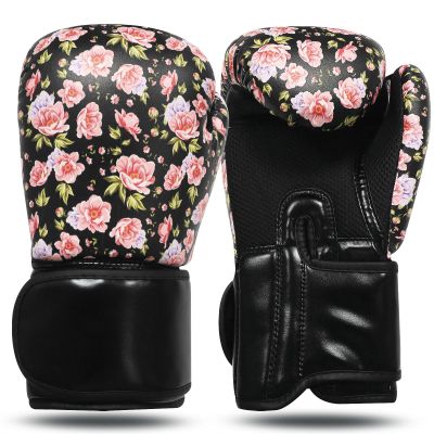 FINGER TEN Boxing Gloves Women Punching Sparring Kickboxing MMA Training Heavy Bag Glove Black Leather 8 10 12 14 oz for Womens (Pink Flower, 10 oz)