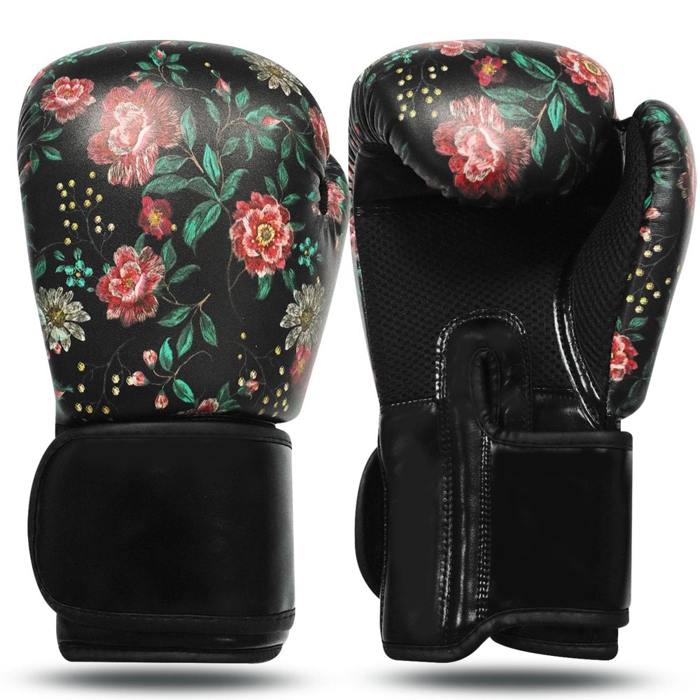 FINGER TEN Boxing Gloves Women Punching Sparring Kickboxing MMA Training Heavy Bag Glove Black Leather 8 10 12 14 oz for Womens (Flower Leaves, 10 oz)