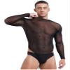 dPois Sexy Men's Jumpsuit Long Sleeve High Cut Lace-up Crotch Bodysuit Transparent Briefs Underwear Black Medium view 4