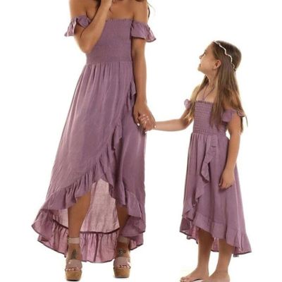 Mommy and Me Dress Mother and Daughter Matching Family Outfits Summer Mom and Girls Square Neck Maxi Dress (Girls, 7 Years, Solid Color Purple)