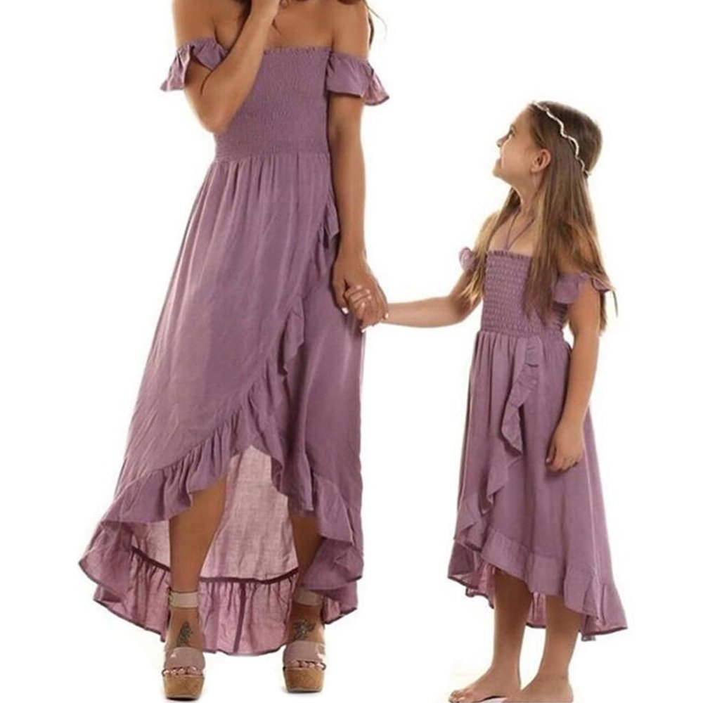Mommy and Me Dress Mother and Daughter Matching Family Outfits Summer Mom and Girls Square Neck Maxi Dress (Girls, 7 Years, Solid Color Purple)