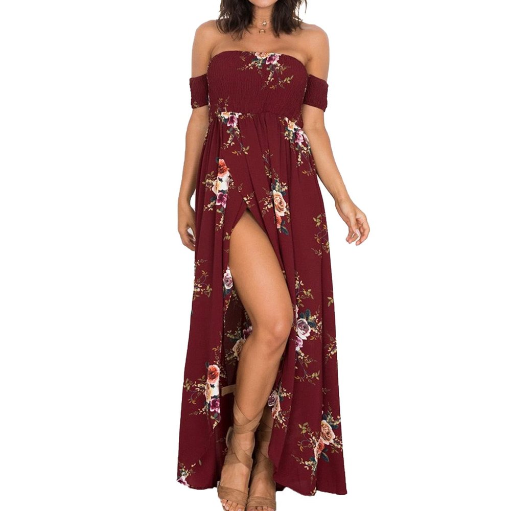 NineFit Basics Women's Boho Floral Print Dress Off Shoulder Split Long A Line Dress Bohemian Strapless Beach Party Maxi Dress (X-Small,Wine Red)