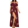 NineFit Basics Women's Boho Floral Print Dress Off Shoulder Split Long A Line Dress Bohemian Strapless Beach Party Maxi Dress (X-Small,Wine Red) view 1