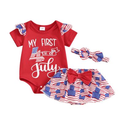 ZINTAOZT Infant Baby Girls 4th of July Outfits Romper T-shirt Tops Shorts with Hairband 3Pcs Patriotic Clothes Set (A1 Red, 12-18 Months)