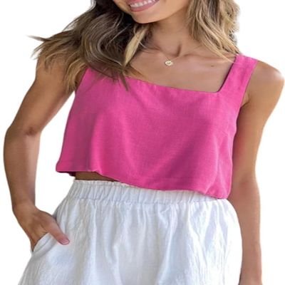 Allimy Women's Summer Shirts 2025 Thick Shoulder Straps Crop Tops Square Neck Tank Tops Hot Pink XS