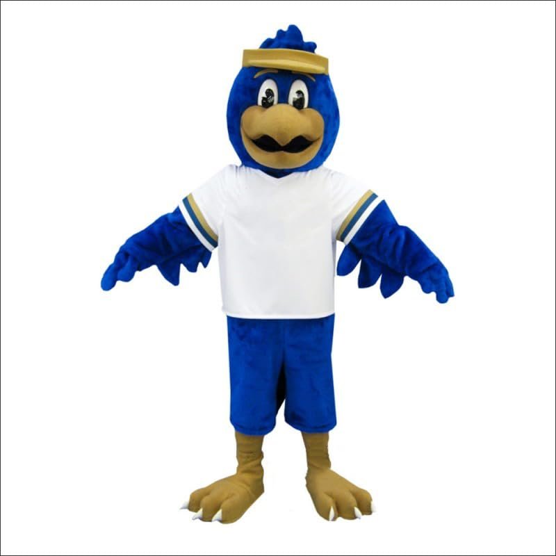 Blue Falcon Mascot Costume in White Shirt Adult Size for Men & Women with Built-in Fan Inside the Head