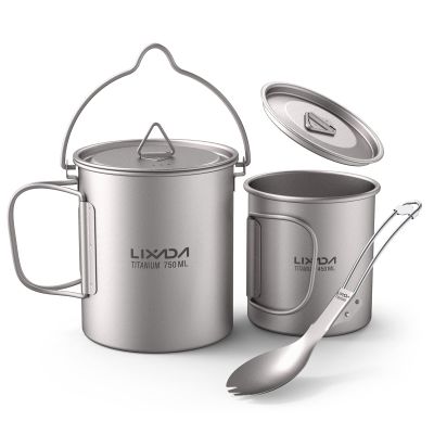 Lixada Lightweight Ti 5 Pieces Set Ti 750ml Pot 450ml and 350ml Water Cup with Lid Collapsible Handle Folding Spork for Outdoor Camping Hiking Backpacking