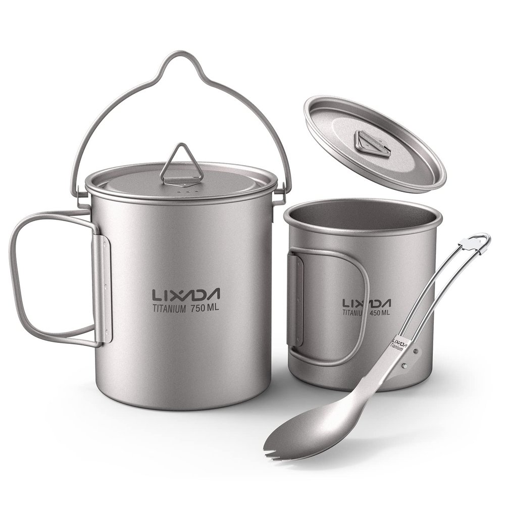 Lixada Lightweight Ti 5 Pieces Set Ti 750ml Pot 450ml and 350ml Water Cup with Lid Collapsible Handle Folding Spork for Outdoor Camping Hiking Backpacking