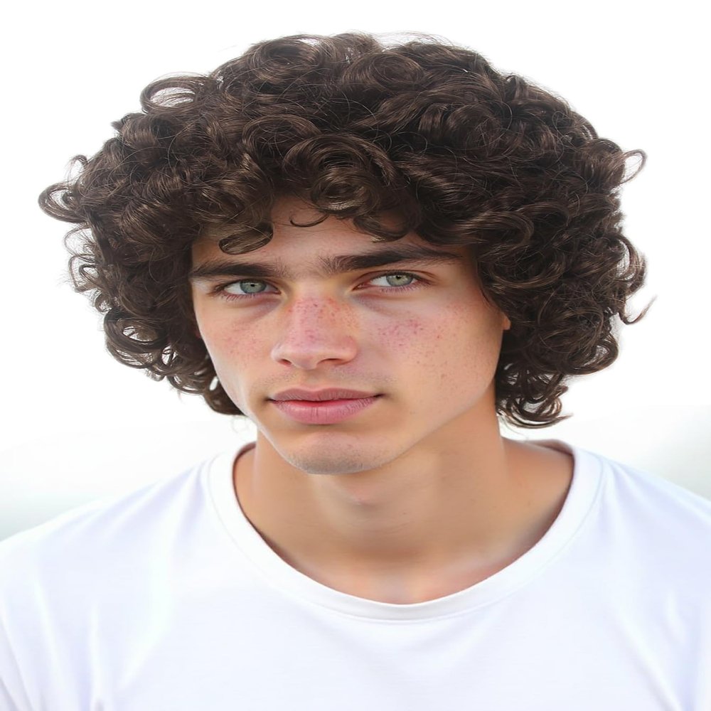 STfantasy Short Curly Afro Wig for Men Mens Synthetic Hair Wigs for Male Man Daily Cosplay Costume Anime Party (Brown)