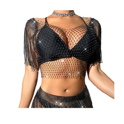 Women's Sheer Mesh Fringe Rhinestone Fishnet Top See Through Short Sleeve Cover up Blouses Party Club Rave Outfits
