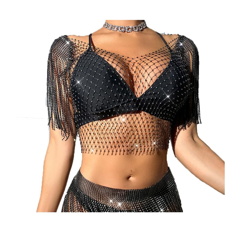 Women's Sheer Mesh Fringe Rhinestone Fishnet Top See Through Short Sleeve Cover up Blouses Party Club Rave Outfits