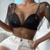 Women's Sheer Mesh Fringe Rhinestone Fishnet Top See Through Short Sleeve Cover up Blouses Party Club Rave Outfits view 3