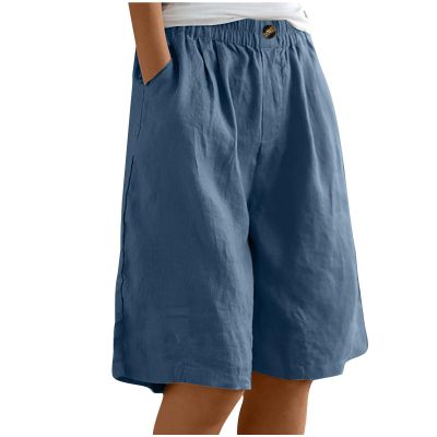 2 Cotton Linen Shorts for Women Loose Fit Knee Length Bermuda Shorts Casual Wide Leg Elastic Waist Workout Short+s Navy