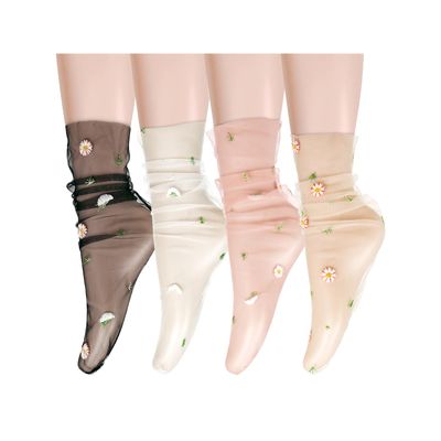 Benefeet Sox Loose Sheer Lace Ankle Socks White Black Dress Tulle Socks Sexy See Through Embroidery Little Daisy Mesh Sock for Women Transparent Pretty Sock, 4 Pairs