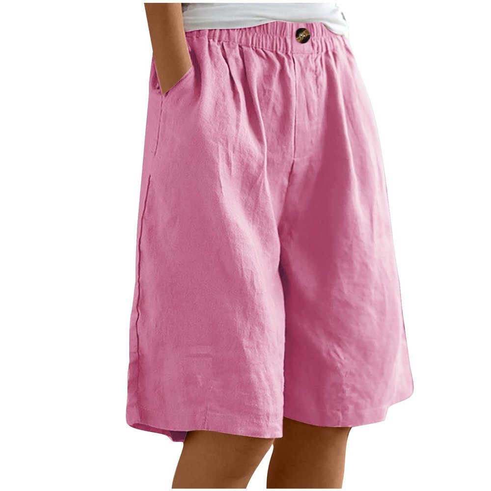bawilom Cotton Linen Shorts for Women Loose Fit Knee Length Bermuda Shorts Casual Wide Leg Elastic Waist Workout Short Pink