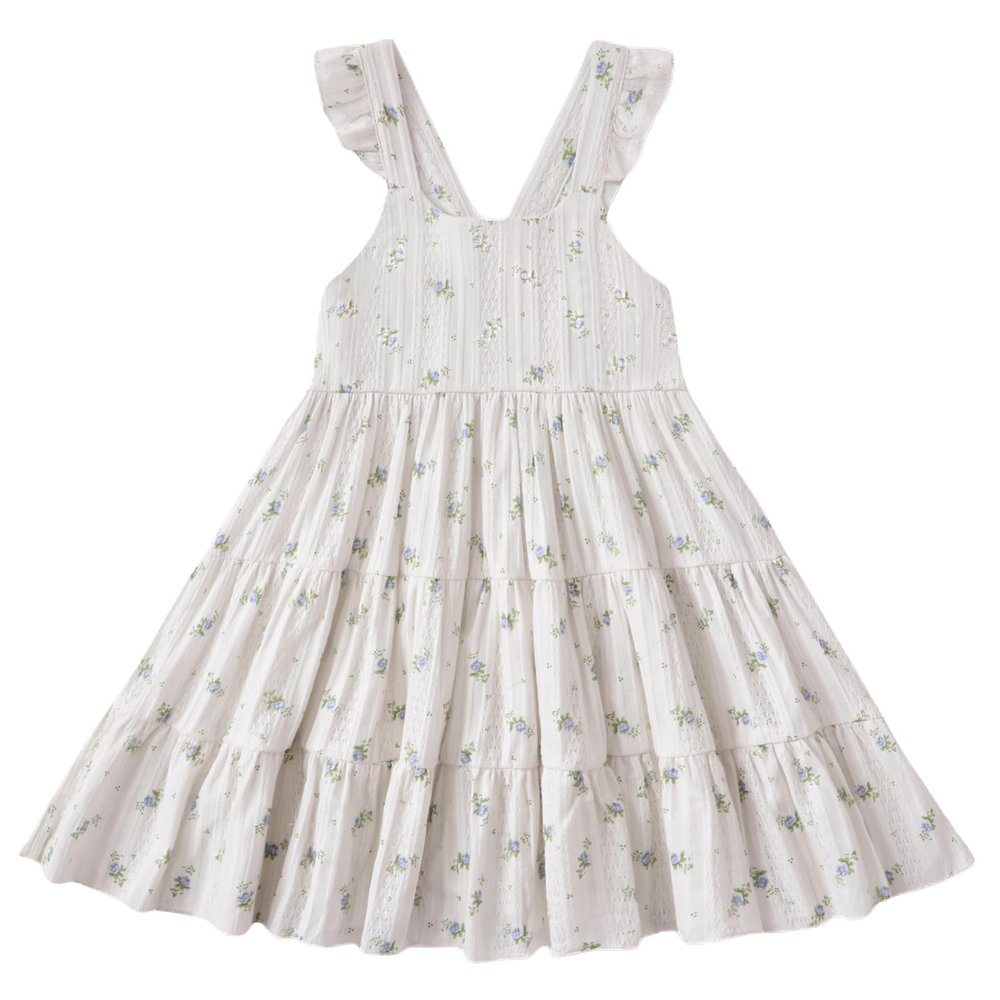 ALINTU Toddler Girls Dress Sleeveless Princess Beach Ruffle Sundress, White Blue Floral 6-7 Years