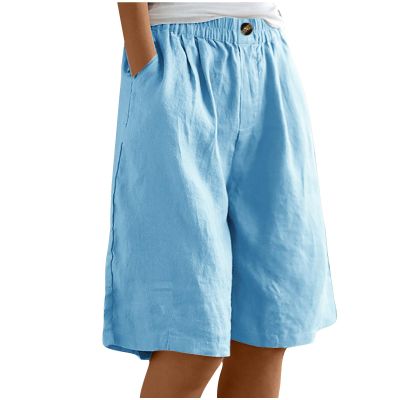 bawilom Cotton Linen Shorts for Women Loose Fit Knee Length Bermuda Shorts Casual Wide Leg Elastic Waist Workout Short+s Sky Blue