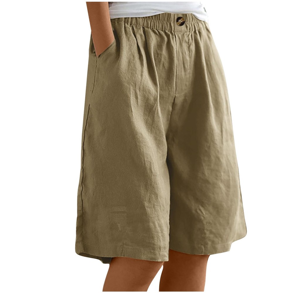 bawilom Cotton Linen Shorts for Women Loose Fit Knee Length Bermuda Shorts Casual Wide Leg Elastic Waist Workout Short+s Khaki