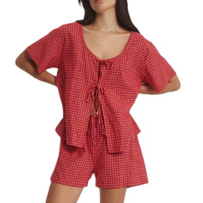 ZINTAOZT Women Y2K 2 Piece Striped Pajamas Puff Sleeve Tie Front Ruffle Hem Babydoll Peplum Shirts Gingham Shorts Lounge Set (G Red, XL)