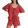ZINTAOZT Women Y2K 2 Piece Striped Pajamas Puff Sleeve Tie Front Ruffle Hem Babydoll Peplum Shirts Gingham Shorts Lounge Set (G Red, XL) view 1