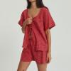 ZINTAOZT Women Y2K 2 Piece Striped Pajamas Puff Sleeve Tie Front Ruffle Hem Babydoll Peplum Shirts Gingham Shorts Lounge Set (G Red, XL) view 2