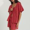 ZINTAOZT Women Y2K 2 Piece Striped Pajamas Puff Sleeve Tie Front Ruffle Hem Babydoll Peplum Shirts Gingham Shorts Lounge Set (G Red, XL) view 3