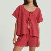 ZINTAOZT Women Y2K 2 Piece Striped Pajamas Puff Sleeve Tie Front Ruffle Hem Babydoll Peplum Shirts Gingham Shorts Lounge Set (G Red, XL) view 4