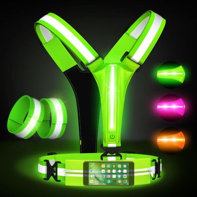 AOGATO LED Reflective Running Vest Set High Visibility LED Walking Gear with Portable Bag, Armband for Night Time Safety, Adjustable and Rechargeable Runner Lights for Men and Women