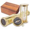 Compass, Telescope, and Minute Timer Set | Includes Wooden Storage & Display Box | Nautical Home Decor Brass Construction | Box Dimensions 6" x 4" view 1