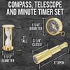 Compass, Telescope, and Minute Timer Set | Includes Wooden Storage & Display Box | Nautical Home Decor Brass Construction | Box Dimensions 6" x 4" view 2
