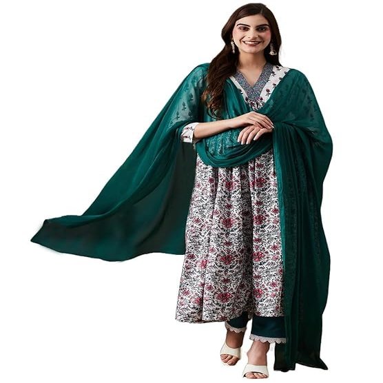 NineFit Basics Women's Cotton Blend Anarkali Printed Kurta with Pant & Dupatta, White, Size - XL