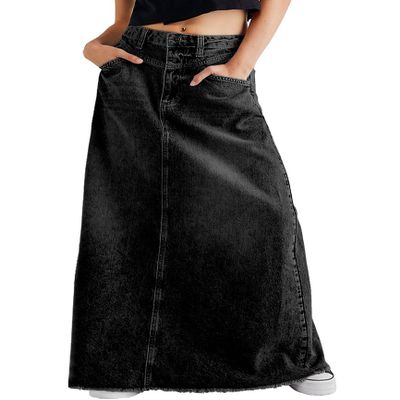 chouyatou Women's Vintage A-Line Frayed Maxi Denim Skirt Distressed High Waist Long Jean Skirt (Medium, Black)