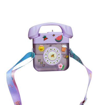 sgmedila 400ML Creative Retro Phone Shaped Water Bottle With Adjustable Shoulder Strap Leak Proof Drinking Water Bottle With 3D Stickers Suitable For Outdoor Travel And Sports (Purple)